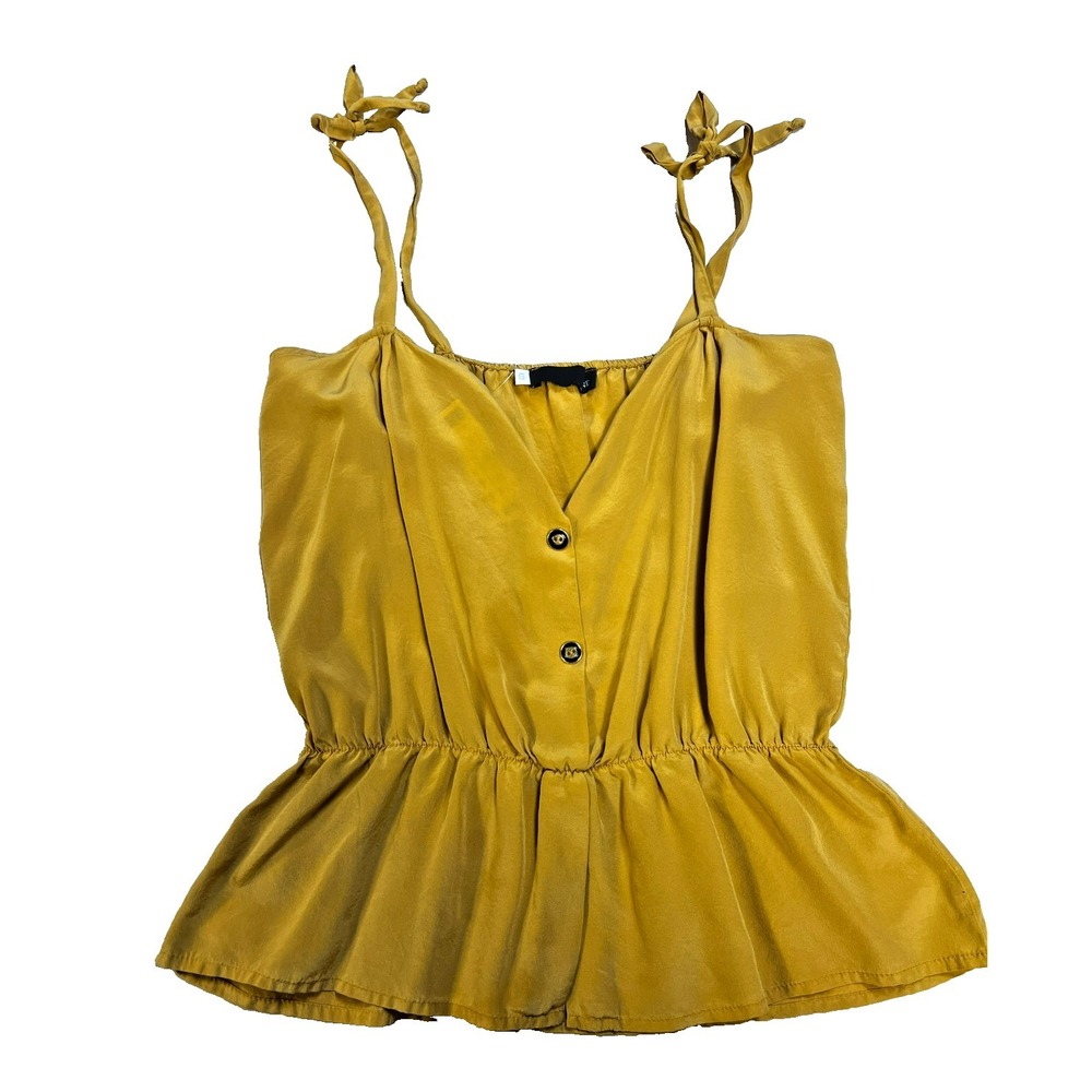MYNE Peplum Top Gold Silk Tie Straps Two Button V-Neck  Elasticized Waist SZ 6‎